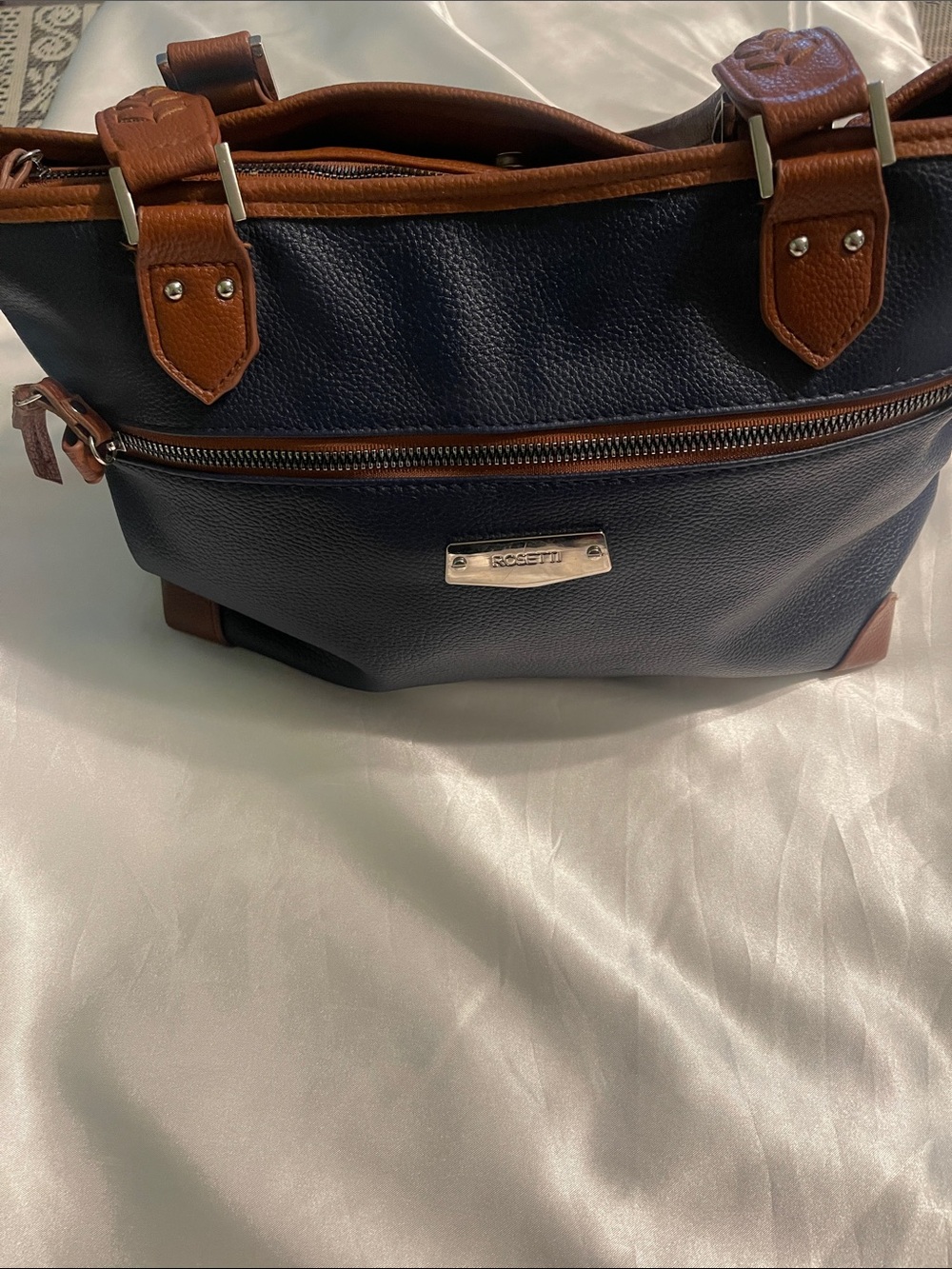 Rosetti Navy and Brown Leather-Trim Tote Briefcase